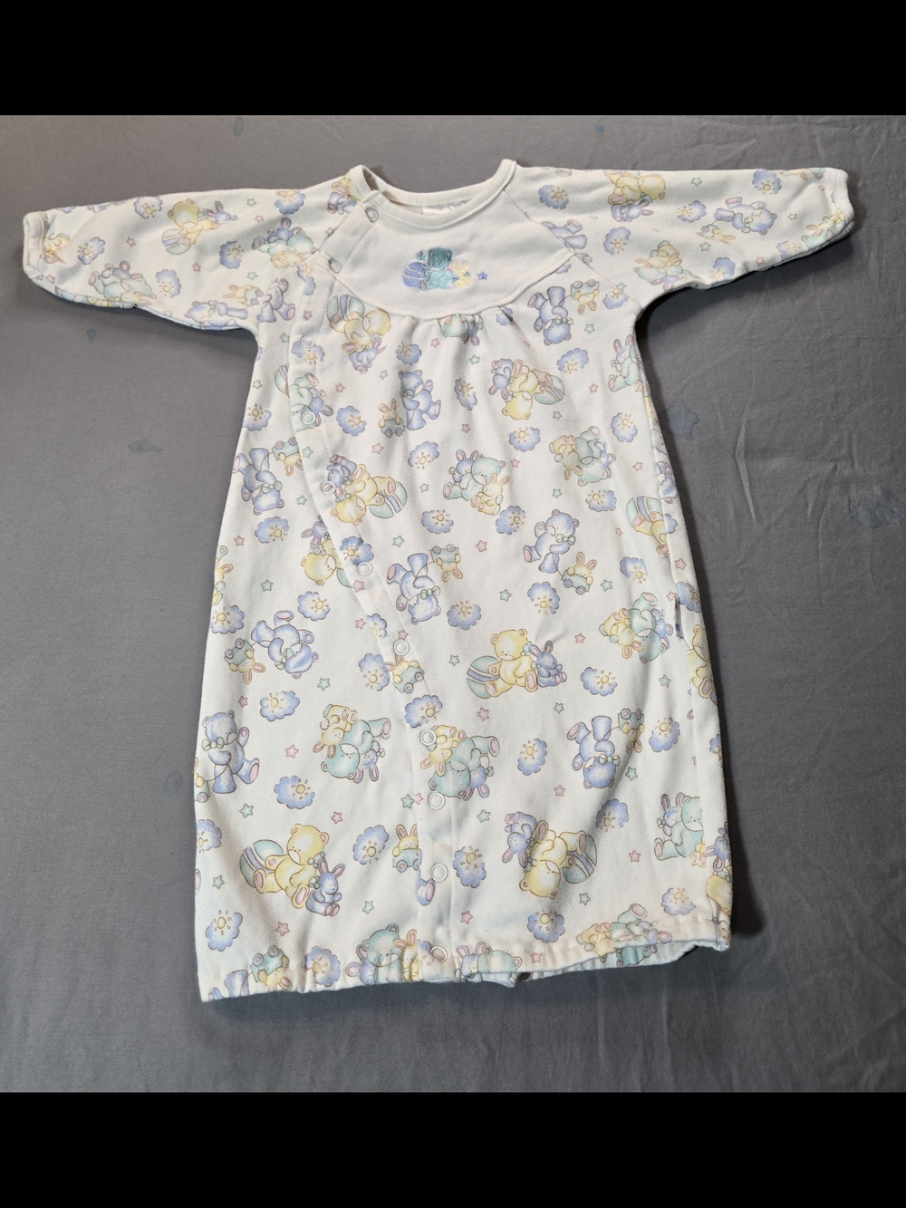 Vintage baby sleeper/gown with adorable pastel teddy bear print.
